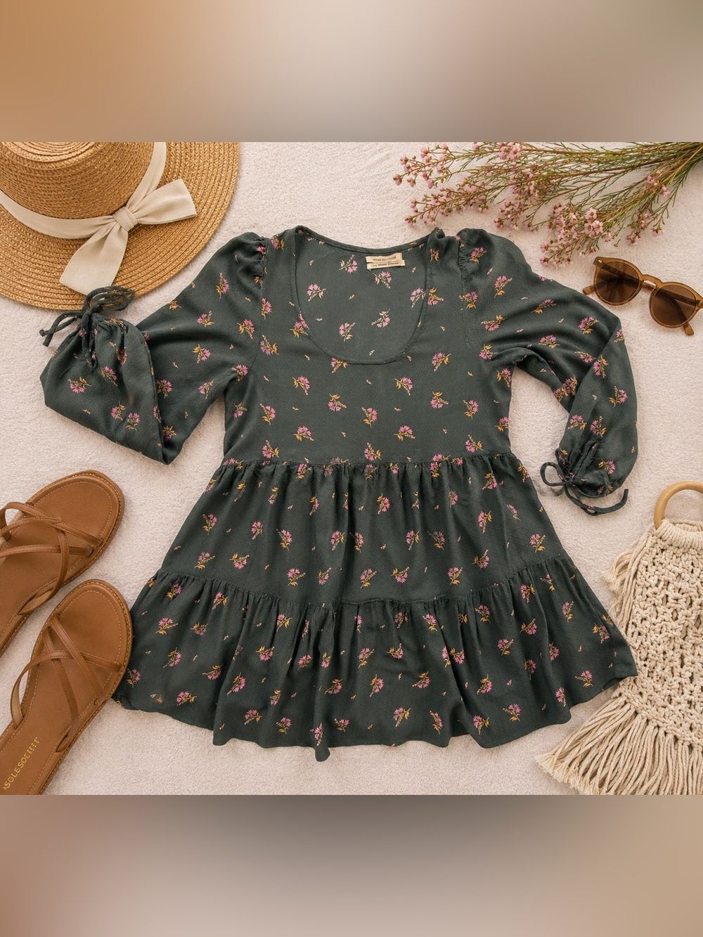 Urban Outfitters Floral Tiered Mini Dress Dark Green Long Sleeve Size M